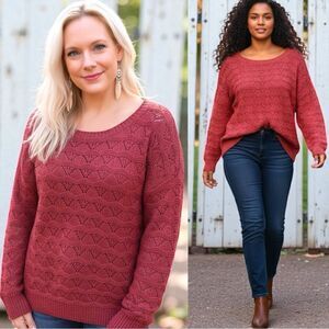 Maurice’s Coral Punch Open Stitch Scalloped Boat Neck Sweater Size XXL NWT